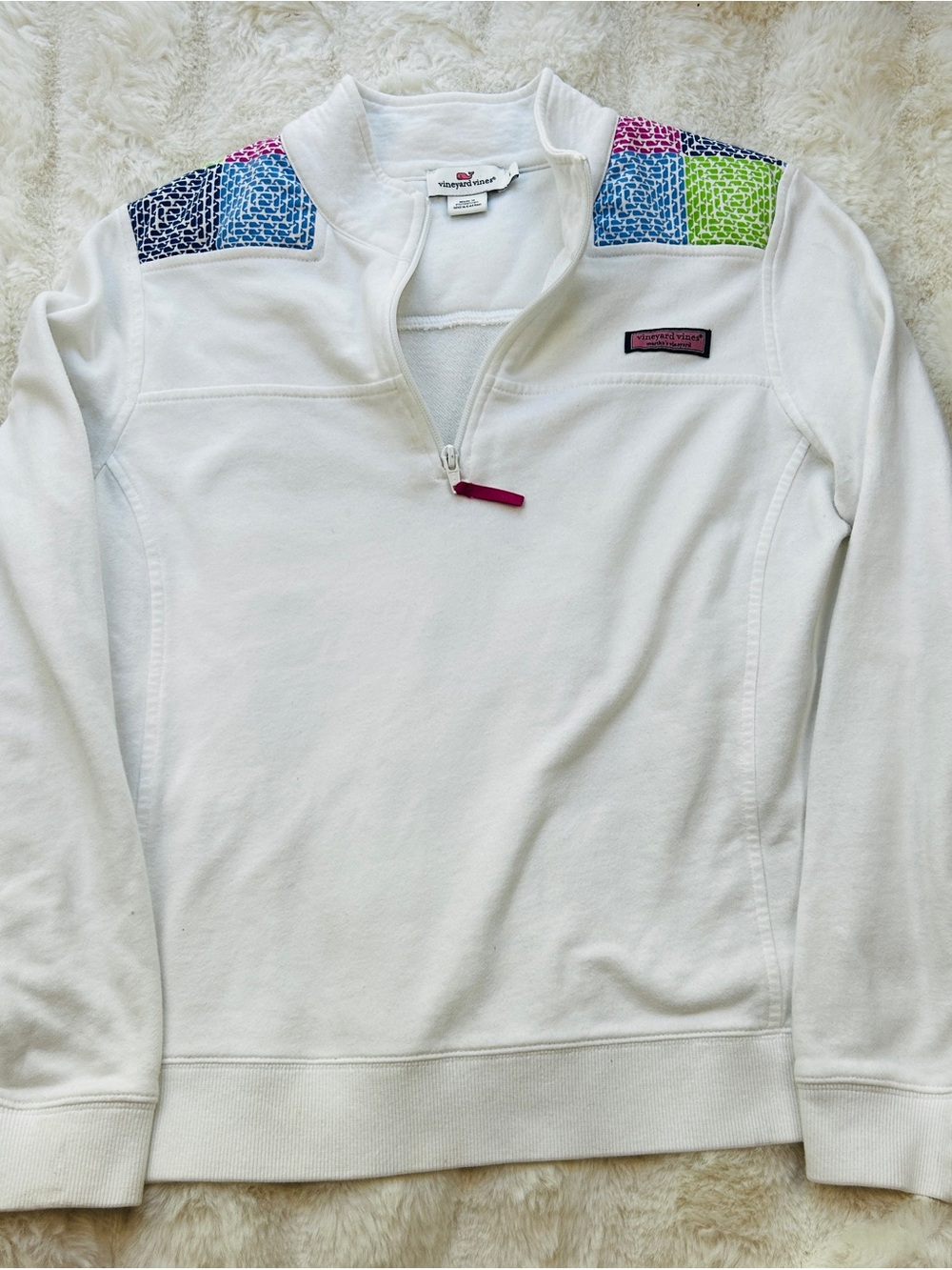 Vineyard Vines White Pullover with Pink Whale Logo